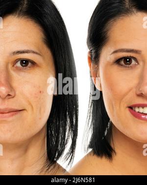 Ritratto comparativo di una donna senza e con trucco su sfondo bianco Foto Stock