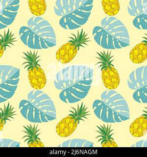 Motivo estivo con ananas e foglie di monstera blu, sfondo giallo. Illustrazione vettoriale Illustrazione Vettoriale