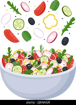 Insalata fatta in casa a base di verdure fresche, verdure e olive. Cibo sano. Pasto vegano o vegetariano. Illustrazione vettoriale Illustrazione Vettoriale