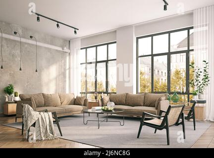 interni moderni del soggiorno. progettazione di rendering 3d Foto Stock