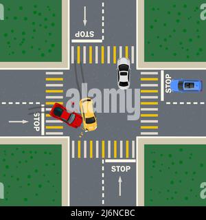 Incidente stradale tra due auto. Crash sulla vista dall'alto dell'incrocio. Veicoli rotti dopo collisione in intersezione.violazione del traffico del vettore di svolta prioritaria Illustrazione Vettoriale