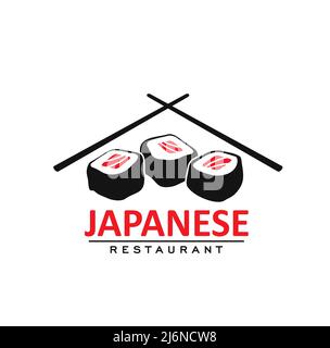 Icona del ristorante di cucina Giapponese con panini e bastoni, insegna del bar con sushi asiatico vettoriale. Emblema del ristorante giapponese sushi maki e sashimi rolls con bacchette per la copertura del menu di piatti asiatici, pasti Illustrazione Vettoriale