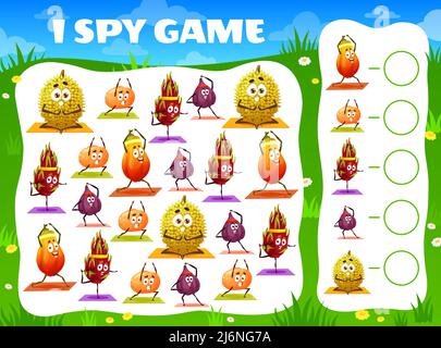Kids i foglio di lavoro del gioco della spia con i caratteri della frutta del cartone animato nelle pose di yoga. I capretti riddle di matematica con gli oggetti che cercano e contano il compito, pagina vettoriale dei giochi dell'asilo infantile. Puzzle quiz educativo per bambini Illustrazione Vettoriale