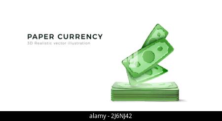 Valuta cartacea verde USA. 3d dollari isolati su sfondo bianco. Concetto realistico di denaro business. Simbolo di ricchezza e successo. Illustrazione vettoriale Illustrazione Vettoriale