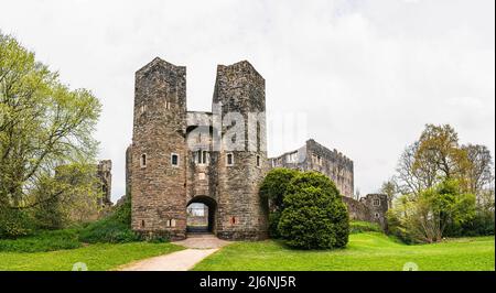 Panorama di Berry Pomeroy Castello, Totnes Devon, Inghilterra Foto Stock