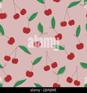 Motivo senza cuciture Cherry. Bacche di ciliegia rossa mature su sfondo rosa. Stampa estiva alla moda per tessuti, confezioni, abbigliamento, carta da parati. Illustrazione Vettoriale