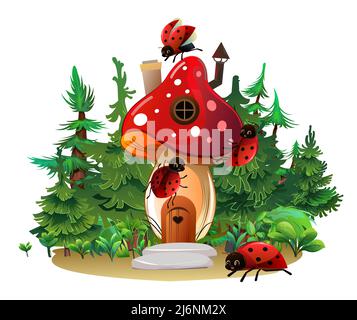 Casa di scarabeo ladybug all'interno di funghi agarici. Oggetto fauna selvatica. Piccolo insetto divertente. Stile carino dei cartoni animati. Isolato su sfondo bianco. Vettore. Illustrazione Vettoriale