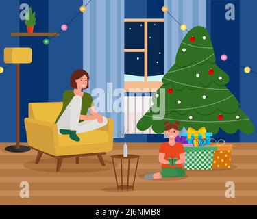 Felice madre e sua figlia seduta accanto all'albero di Natale. Interni accoglienti di Natale. Presenta sotto l'albero Illustrazione Vettoriale