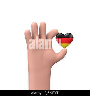 Mano che tiene un cuore di bandiera della germania. Concetto di Unione comunitaria. 3D rendering Foto Stock
