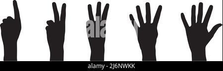 Le mani contano da una a cinque silhouette vettoriale, i segni con cinque dita, i gesti di comunicazione, la silhouette di colore nero isolata su bianco Illustrazione Vettoriale