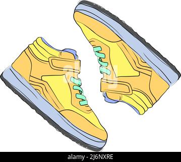 Sneakers illustrazioni con nuove sneakers di moda dai colori giallognoli, sneaker con vista dall'alto, design piatto, scarpe da disegno colorate gialle Illustrazione Vettoriale