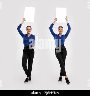 Donna d'affari che tiene bianco bianco cartellone pubblicitario in studio, montaggio immagine Foto Stock