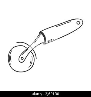 Coltello rotondo per il taglio della pizza. Apparecchio da cucina per tagliare l'impasto. Elemento decorativo per la progettazione di menu, ricette e confezionamento di alimenti. Disegnato a mano e isolato Illustrazione Vettoriale
