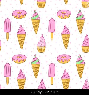 Modello senza cuciture di cupcakes, gelato in un corno, pop cicle e ciambelle. Motivi di colore luminoso degli elementi disegnati a mano. Pasticceria, dolce dessert. Per Illustrazione Vettoriale