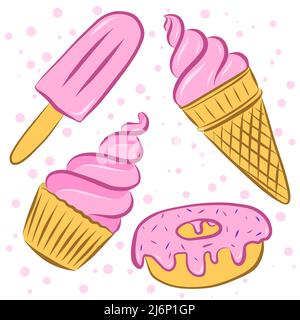 Illustrazione vettoriale a colori. Set di cupcake, gelato in un corno, popsicle e ciambelle. Gli elementi sono disegnati a mano e isolati su bianco. Per la progettazione di pa Illustrazione Vettoriale