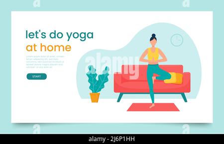 Modello di pagina di destinazione. Concetto di una pagina web per le lezioni di yoga. Una donna si erge in pranamasana in un soggiorno, ambiente domestico. Vettore colore figura Illustrazione Vettoriale