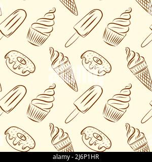 Modello senza cuciture di cupcakes, gelato in un corno, pop cicle e ciambelle. Modello monocromatico a colori di elementi disegnati a mano. Dolciumi, dessert dolci, Illustrazione Vettoriale