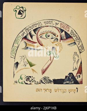 Versione Yiddish illustrata del libro per bambini Had Gadya illustrato da El Lissitzky (Lazar Markovich Lissitzky), e pubblicato a Kiev nel 1919 Chad Gadya o Had Gadya ('una capra, o 'un capretto') è una canzone cumulativa giocosa in Aramaico ed ebraico. Viene cantata alla fine del Seder della Pasqua, la festa rituale ebraica che segna l'inizio della festa ebraica della Pasqua. La melodia può avere le sue radici nella musica popolare tedesca medievale. Apparve per la prima volta in un Haggadah stampato a Praga nel 1590, che la rende l'inclusione più recente nella tradizionale liturgia del seder Pasquale Foto Stock