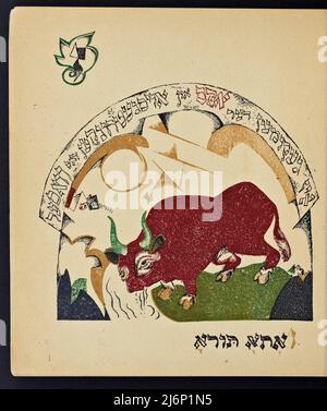 Versione Yiddish illustrata del libro per bambini Had Gadya illustrato da El Lissitzky (Lazar Markovich Lissitzky), e pubblicato a Kiev nel 1919 Chad Gadya o Had Gadya ('una capra, o 'un capretto') è una canzone cumulativa giocosa in Aramaico ed ebraico. Viene cantata alla fine del Seder della Pasqua, la festa rituale ebraica che segna l'inizio della festa ebraica della Pasqua. La melodia può avere le sue radici nella musica popolare tedesca medievale. Apparve per la prima volta in un Haggadah stampato a Praga nel 1590, che la rende l'inclusione più recente nella tradizionale liturgia del seder Pasquale Foto Stock