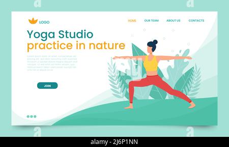 La ragazza pratica lo yoga all'aria aperta. Modello di pagina di destinazione. Il concetto di lezioni di yoga all'aperto in natura. Stile piatto. Ragazza nella posa di un Illustrazione Vettoriale