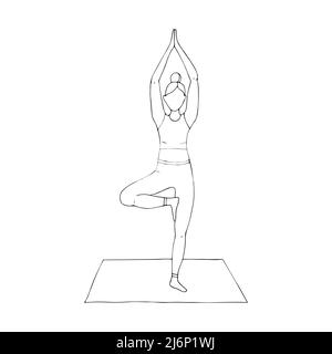 Una giovane ragazza è impegnata in Hatha yoga. Si trova su una gamba. La posa dell'albero. Vrikshasana. Ginnastica, stile di vita sano. Stile Doodle. Nero e bianco Vec Illustrazione Vettoriale