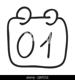 Il primo giorno del calendario in stile Doodle. La data del calendario, il primo numero, il simbolo dell'inizio . L'icona è disegnata a mano e l'isola Illustrazione Vettoriale
