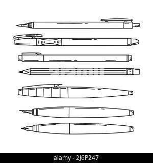 Set di penne, matite automatiche e regolari, penna per calligrafia. Cancelleria per scrittura e disegno. Forniture scolastiche. Vettore bianco e nero. Stile Doodle Illustrazione Vettoriale