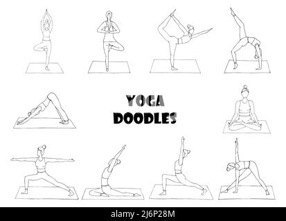 Collezione con ragazze che praticano lo yoga. Una serie di donne in varie pose yoga. Cultura indiana, ginnastica, sport, lifestyle.Doodle.Black bianco Illustrazione Vettoriale