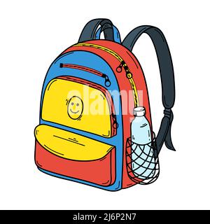 Zaino scuola o sportivo in stile Doodle. Con tasche con zip e una tasca per bottiglie d'acqua. Valigetta per libri di testo. Illustrazione vettoriale a colori. Mano d Illustrazione Vettoriale