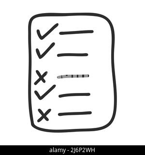 Un elenco di cose da fare in stile Doodle. Elenco di controllo per contrassegnare un'attività come completata. L'icona è disegnata a mano e isolata su sfondo bianco. Vettore bianco e nero Illustrazione Vettoriale