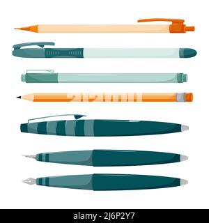 Set di penne, matite automatiche e regolari, penna per calligrafia. Cancelleria per scrittura e disegno. Forniture scolastiche. Illustrazione vettoriale a colori. Stiletto piatto Illustrazione Vettoriale