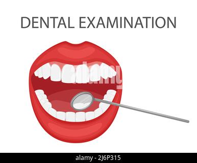 Esame dentale dei denti con uno specchio e strumenti. Appuntamento dentale preventivo professionale. Una bocca aperta con denti bianchi. Igiene orale. Dentale Illustrazione Vettoriale