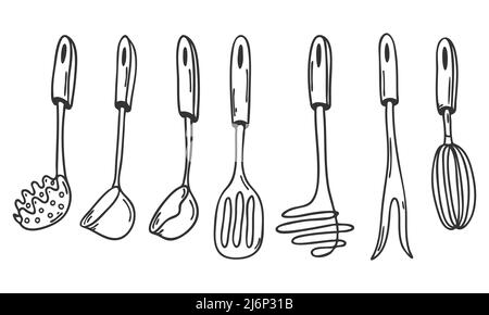 Un set di utensili da cucina in stile Doodle. Una raccolta di elementi di design per la decorazione di menu, ricette e confezionamento di alimenti. Disegnato a mano e isolato su w Illustrazione Vettoriale