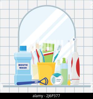 Composizione degli articoli per la pulizia dei denti e la cura orale. Il concetto di bagno con specchio e il riflesso nello specchio. Accessori dentali Illustrazione Vettoriale