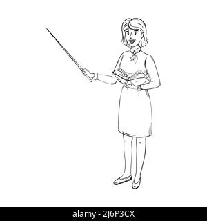 Disegno di un insegnante in una gonna e blusa. La donna è in piedi con un puntatore in una mano e un libro aperto nell'altra. Un insegnante grazioso con poco buio Illustrazione Vettoriale