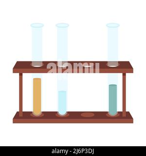 Provette per analisi e esperimenti chimici su un supporto in stile piatto. Inventario medico. Apparecchiatura per chimici. Attrezzatura scolastica. Isolato su Illustrazione Vettoriale