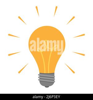 Una lampadina a luce che brucia in stile piatto. Un simbolo di nuove idee e di inizi. Stile piatto. Isolato su sfondo bianco. Illustrazione vettoriale a colori Illustrazione Vettoriale