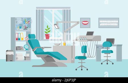 Concetto di riunito dentale con sedia regolabile, lampada, ripiano, lavello e finestra. Ufficio medico in uno stile piatto. Interni e attrezzature moderne nel Illustrazione Vettoriale