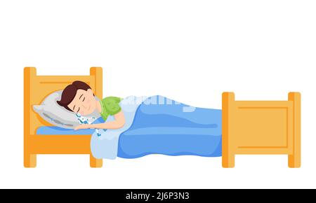 Un ragazzo dorme a letto con le braccia intorno ad un giocattolo robot. Cartoon bello, carino carattere. Il bambino sorride nel suo sonno. Riposo notturno. Illustrazione per bambini Illustrazione Vettoriale