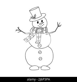 Snowman in sciarpa e cappello in stile Doodle. Lo schizzo è disegnato a mano e isolato su sfondo bianco. Elemento di nuovo anno e design di Natale. Illustrazione Vettoriale