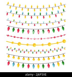 Un insieme di diverse ghirlande in uno stile piatto per decorare le carte di Natale, inviti, volantini, striscioni. Illustrazione vettoriale a colori in stile piatto, i Illustrazione Vettoriale