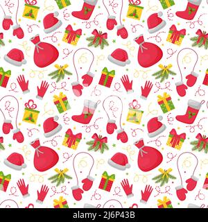 Motivo senza cuciture con brillanti elementi natalizi su sfondo bianco. Ideale per la confezione di carta e confezioni regalo. Gli oggetti piatti vengono isolati e nascosti Illustrazione Vettoriale