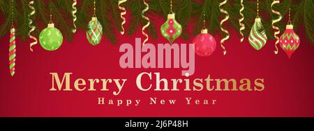 Banner orizzontale di Natale. Modello con rami di abete, giocattoli di Natale, streamers su sfondo rosso.ottimo per volantini, poster, intestazioni. Vettore illu Illustrazione Vettoriale