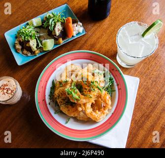 Anelli di cipolla gourmet con tacos e una margarita Foto Stock