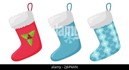 Set di calze di Natale per regali. Calze rosse e blu con motivo, fiocco di neve e Holly. Gli elementi di design piatti sono isolati su un backgroun bianco Illustrazione Vettoriale