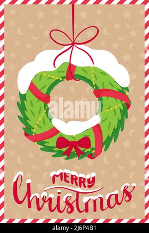 Il concetto di un nuovo anno, biglietto di auguri di Natale con le parole Buon Natale. Corona di abete rosso con nastri, archi e snow.Vertical biglietto di auguri te Illustrazione Vettoriale