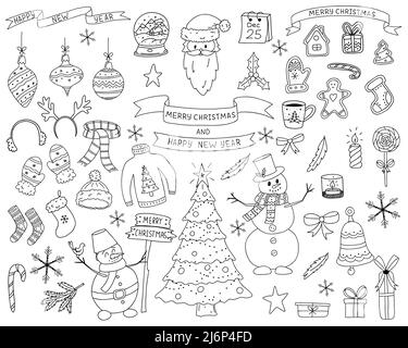 Un insieme di elementi in stile Doodle. Collezione di elementi di design di Capodanno e Natale. Lo schizzo è disegnato a mano e isolato su sfondo bianco. Illustrazione Vettoriale