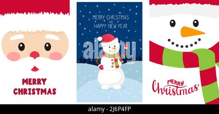 Set di Capodanno, biglietti d'auguri natalizi con le parole Buon Natale. Modelli di biglietti d'auguri verticali in stile piatto con elementi e simboli o Illustrazione Vettoriale