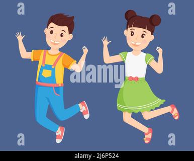 Bambini un ragazzo in un tuta e una ragazza in un vestito saltare con un dente caduto in mano. I personaggi carini dei cartoni animati sono felici e sorridenti. Perdita di Illustrazione Vettoriale