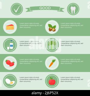 Infografica medica e dentale. Modello poster con un tavolo con prodotti utili per la salute dentale e spazio per il testo. Icone rotonde con prodotti alimentari Illustrazione Vettoriale